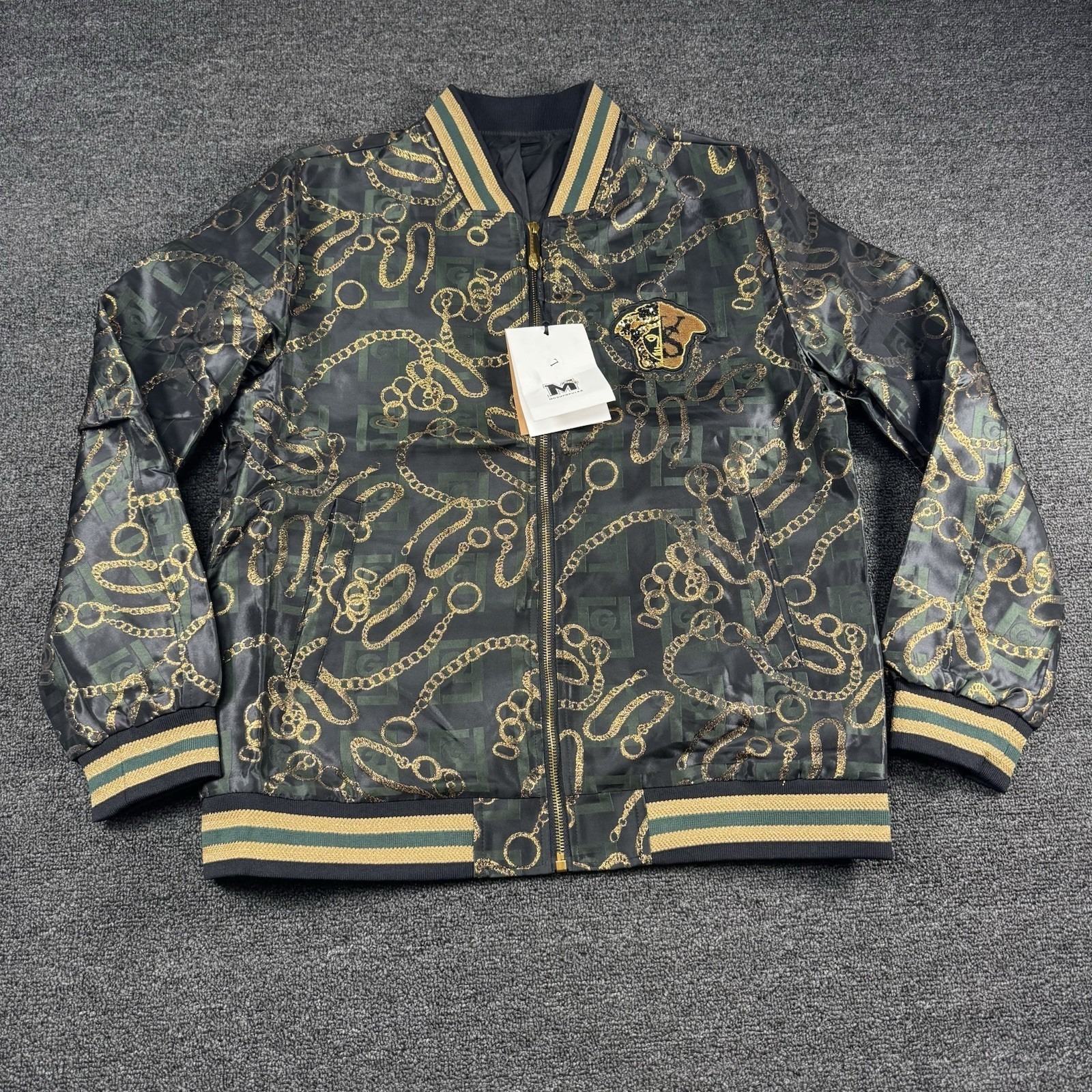 Nwt Mo Gu Men's Bomber Fashion Jacket Size Large - Green, Black & Gold